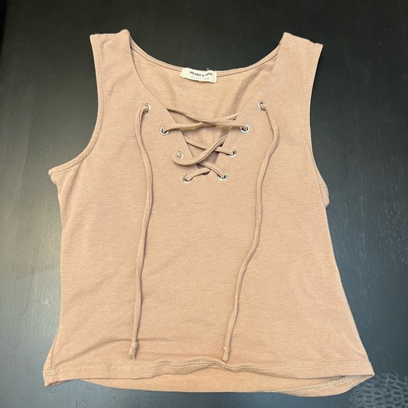 Tan cute crop top. Tank top with adjustable strings in front. - Picture 2 of 3